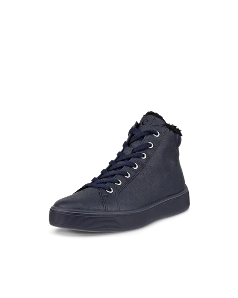 Women's ECCO® Street Tray Leather High-Top Trainer - Navy - M