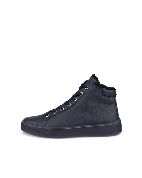 Women's ECCO® Street Tray Leather High-Top Trainer - Navy - O