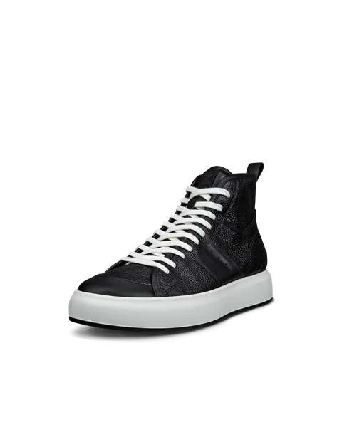 Men's ECCO® Street Ace Leather High-Top Trainer - Black - M