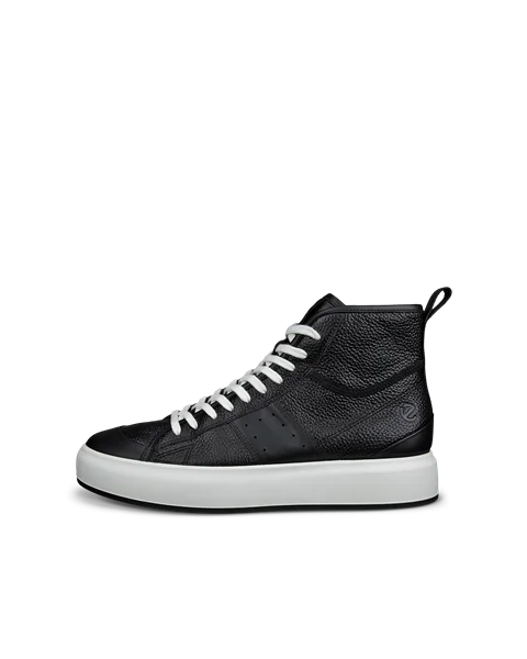 Men's ECCO® Street Ace Leather High-Top Trainer - Black - O