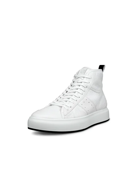 Men's ECCO® Street Ace Leather High-Top Trainer - White - M