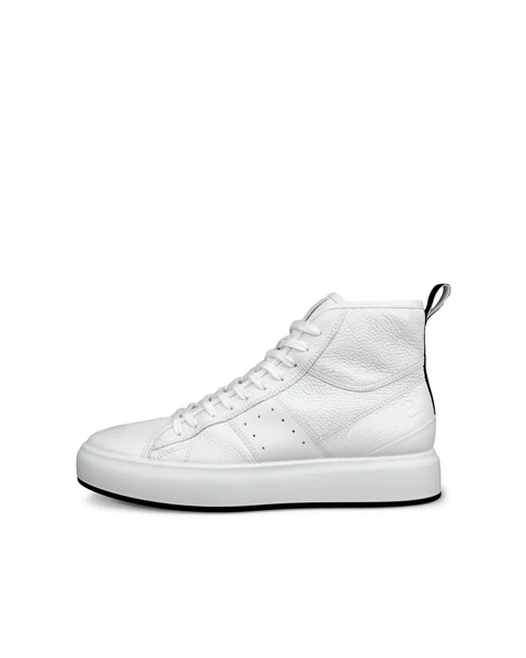 Men's ECCO® Street Ace Leather High-Top Trainer - White - O