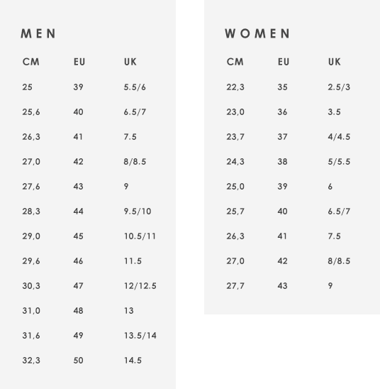 ecco children's shoe size chart